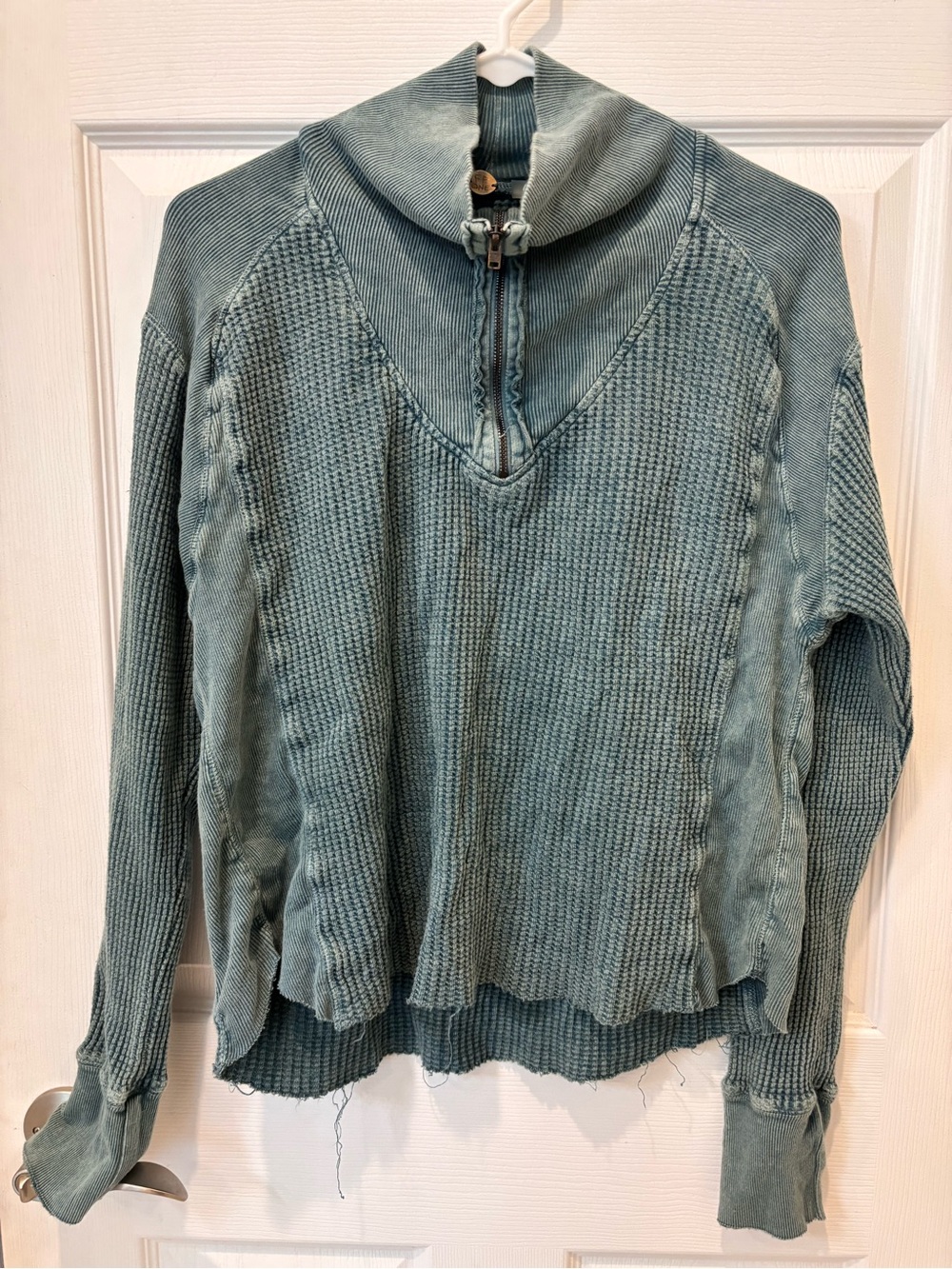 Free People One Washed Teal Quarter Zip Waffle Knit